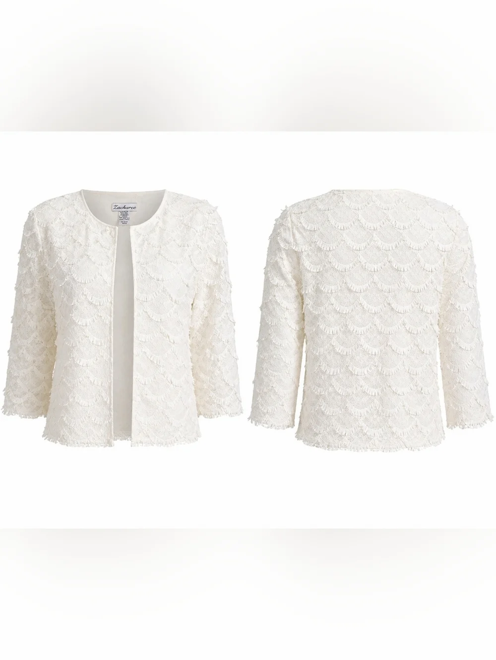 Vintage Lace Fringe Blazer Size 14 XL Cropped Scalloped Crochet Cardigan Shrug - Picture 5 of 7